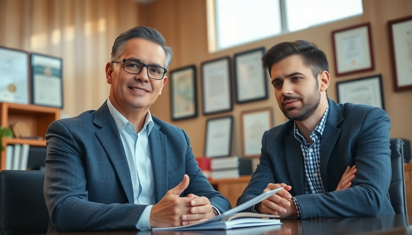 Bridgeport Criminal Defense Lawyer discussing case strategies with a client in an office.