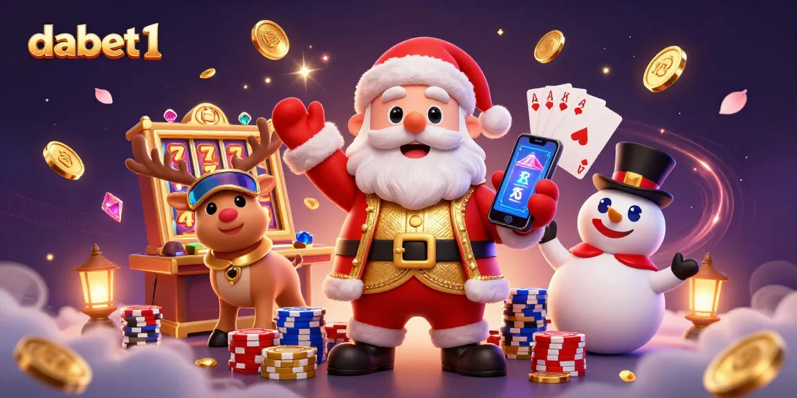 dabet1 players experience a festive 3D cartoon casino scene with Santa, snowman, and festive slots.