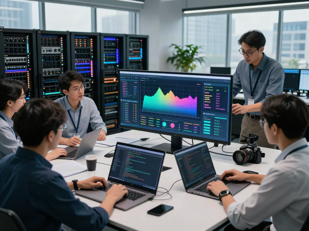 Engineers collaborating in a high-tech setup for the AI Token Economy, showcasing graphs, GPUs, and advanced metrics.