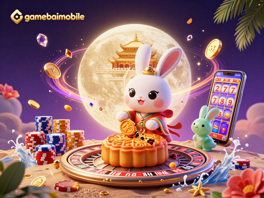 gamebaimobile unveils a magical casino scene with a moon rabbit and sparkling game elements.