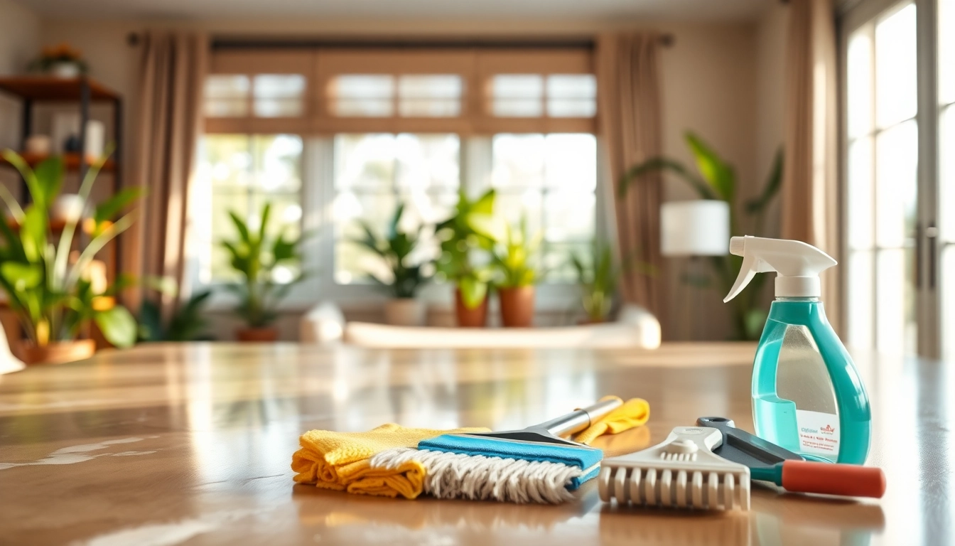 Bond cleaning service showcasing a freshly cleaned home, highlighting tools and bright atmosphere.