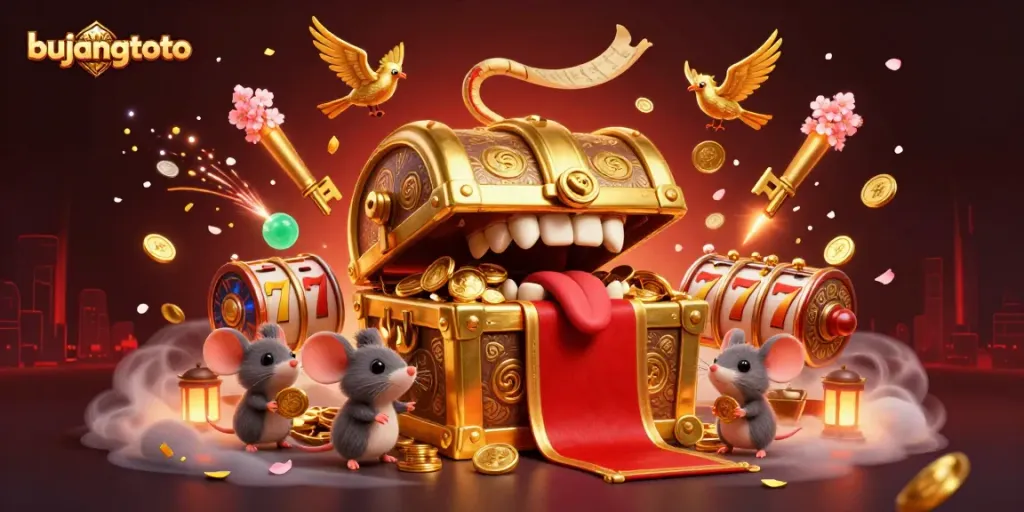 Engage in thrilling slots gameplay with bujangtoto's 3D treasure inspired casino scene, featuring rich visuals and vivid game elements.