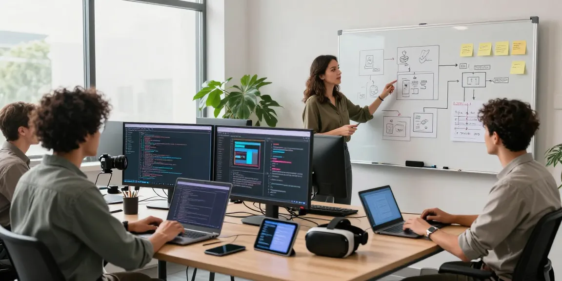 Build internal tools with AI in an innovative workspace, showcasing a team collaborating with technology and digital interfaces.
