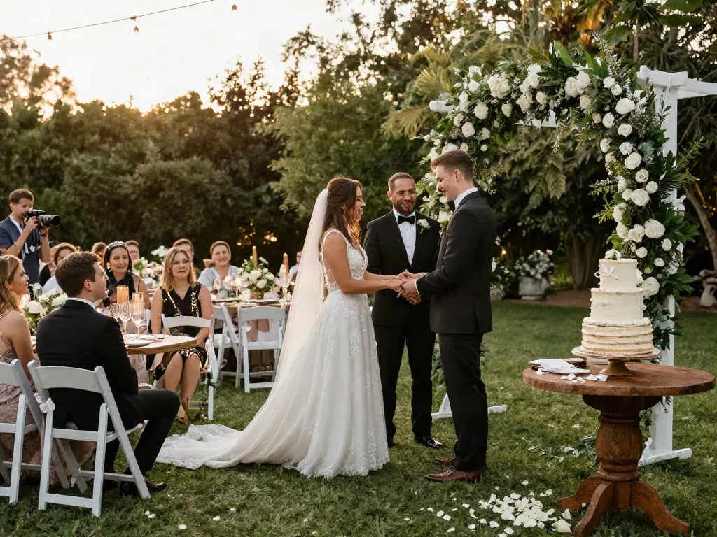 Stunning outdoor wedding scene incorporating event rentals with floral arch and elegant decor.