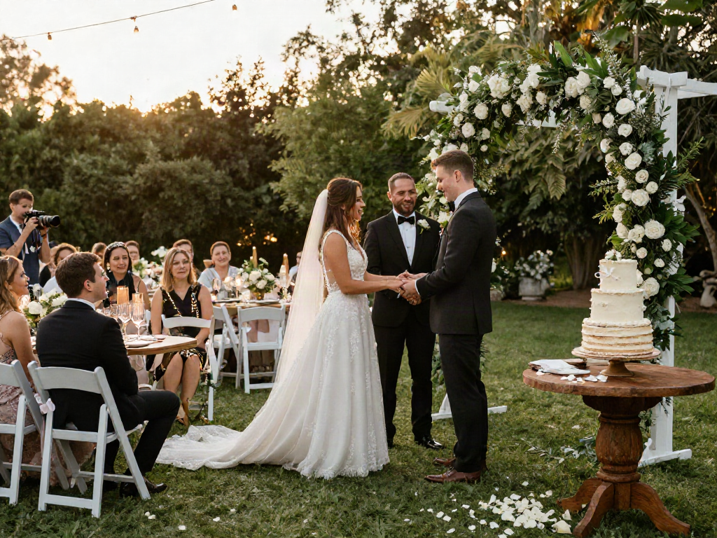 Stunning outdoor wedding scene incorporating event rentals with floral arch and elegant decor.