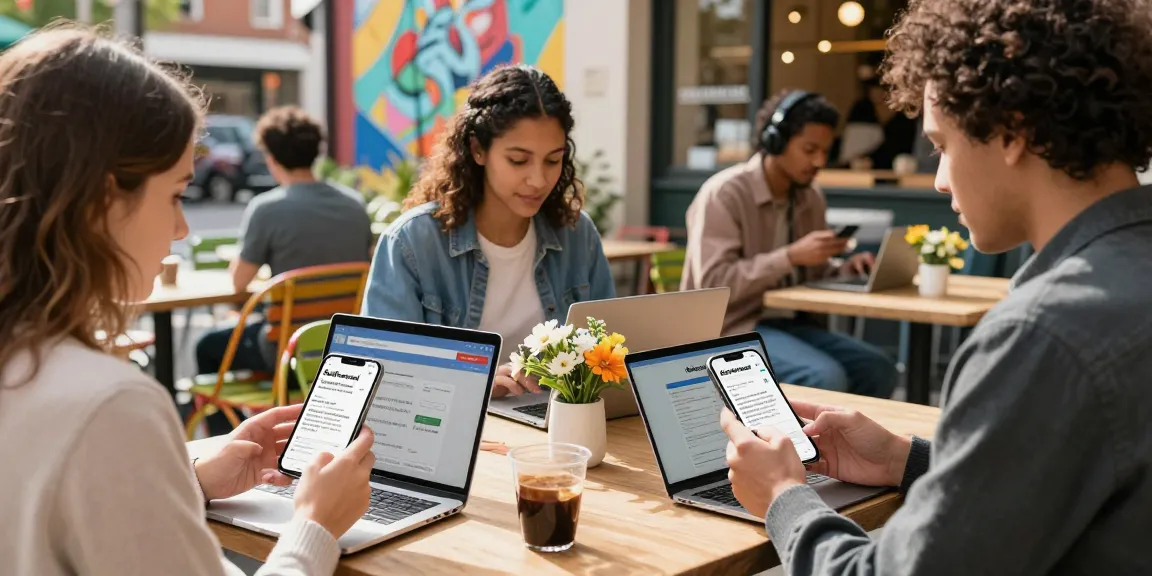 Engaged users enjoying BedPersonal for local classifieds in a vibrant urban café.