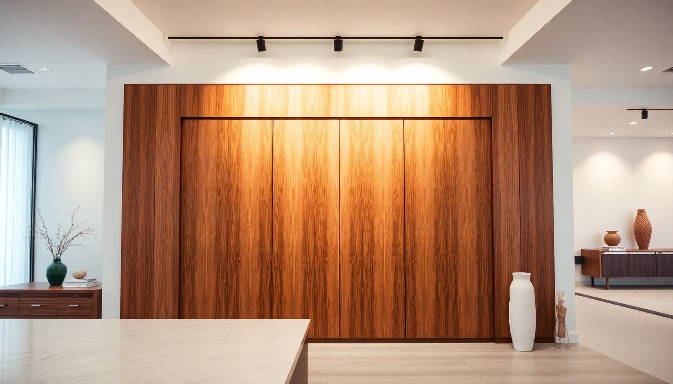 Showcase surfacing solutions with stylish wooden panels in a modern setting highlighted by elegant lighting.