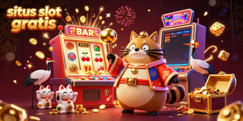 Experience the excitement of situs slot gratis with a cheerful tanuki, slot machines, and jackpot symbols.