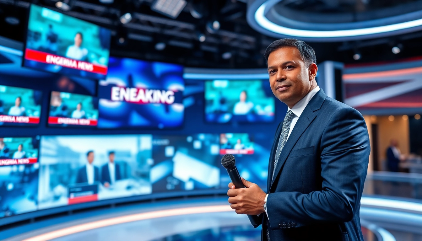 Reporting breaking news on enigeria news in a dynamic studio setup.