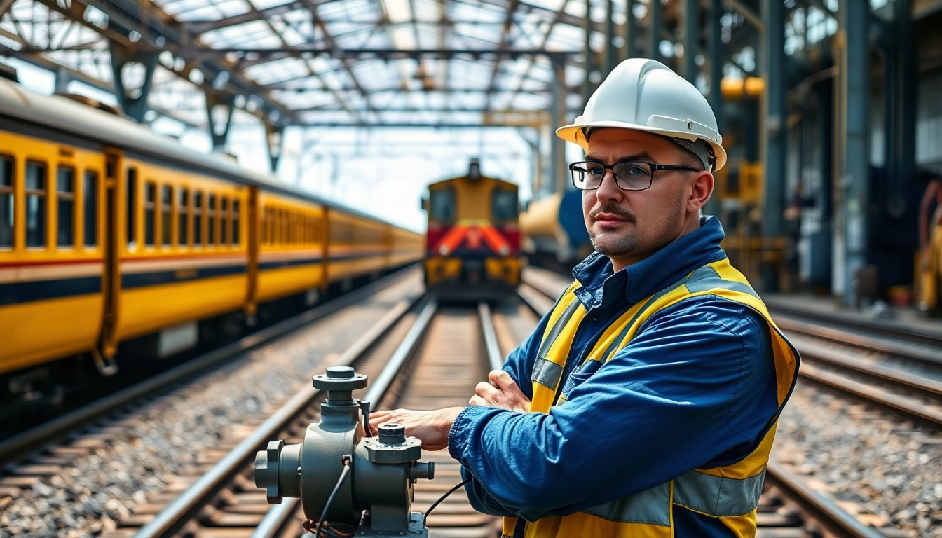 Rail jobs showcased through a dedicated railway worker inspecting equipment in a vibrant environment.