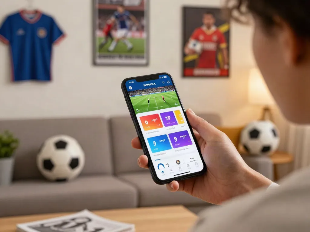 Engaged user using the WWBOLA betting app in a lively sports-themed living room.