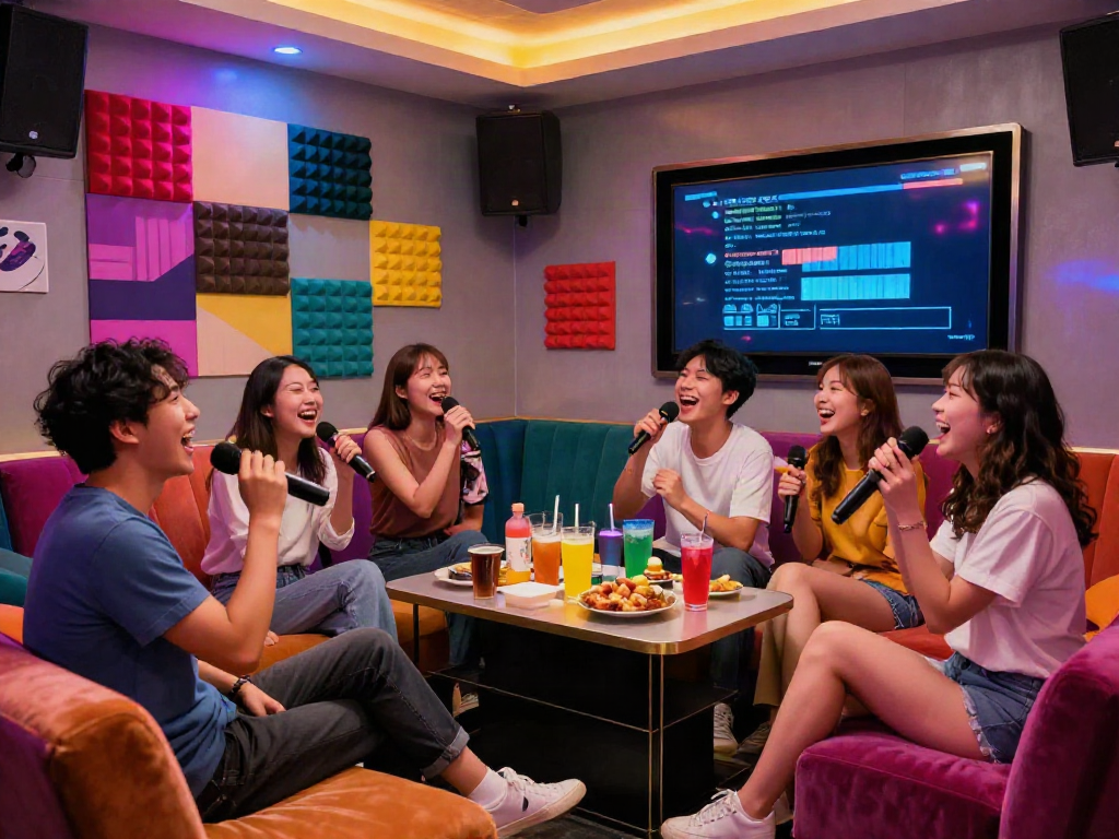 강남 달토의 화려한 가라오케 룸, 친구들이 즐겁게 노래 부르는 모습