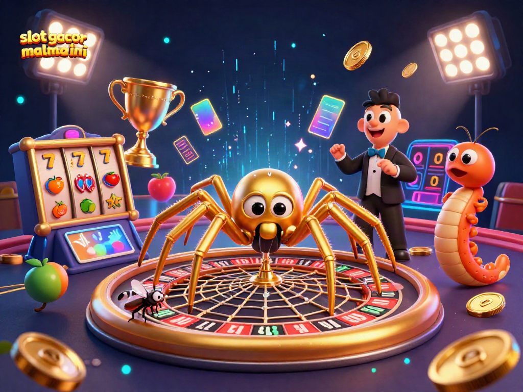 Engaging scene of slot gacor malma ini featuring a cartoon spider and croupier in a dynamic casino atmosphere.