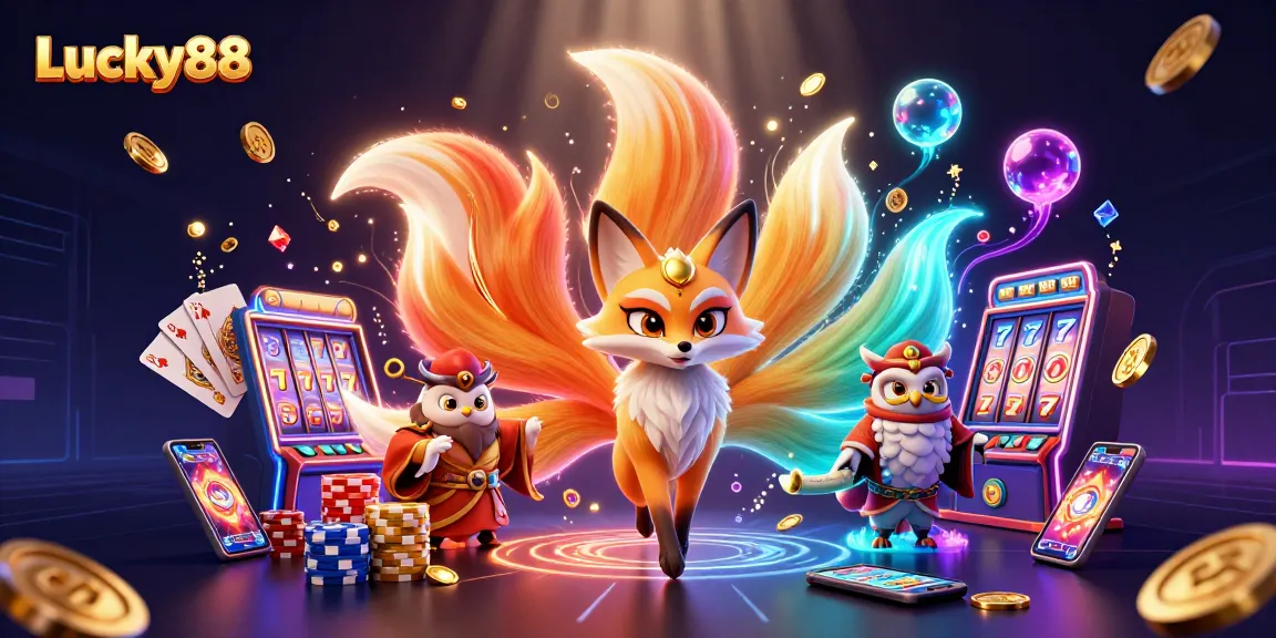 Engage with Lucky88's vibrant 3D illustration showcasing magical characters and exciting casino elements.