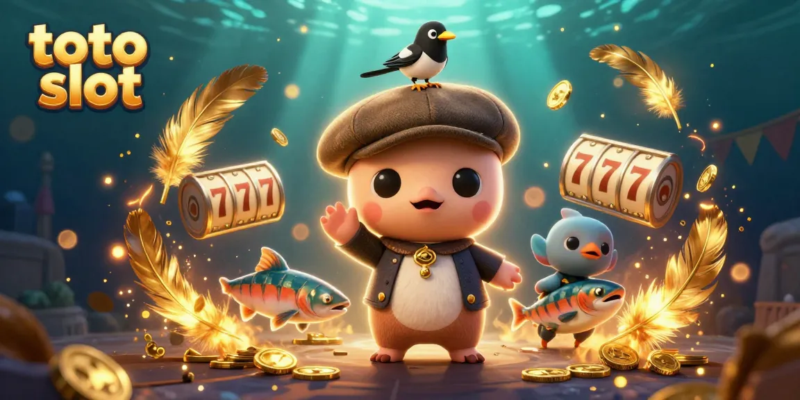 Engage in the excitement of toto slot with a cute cartoon scene featuring Nessie, gold coins, and vibrant slot reels.