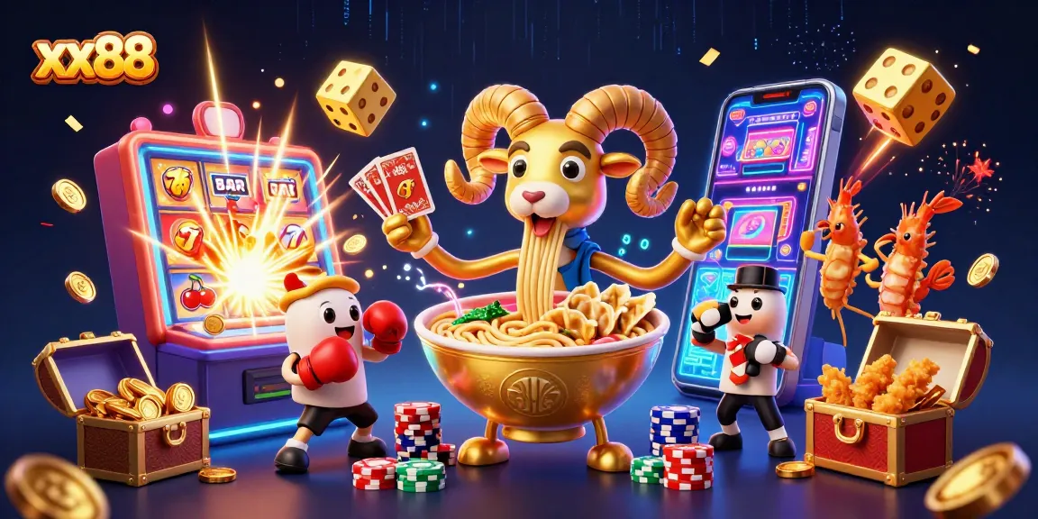 Experience the excitement of xx88 with a lively illustration of a giant ramen bowl dealer surrounded by vibrant casino elements.