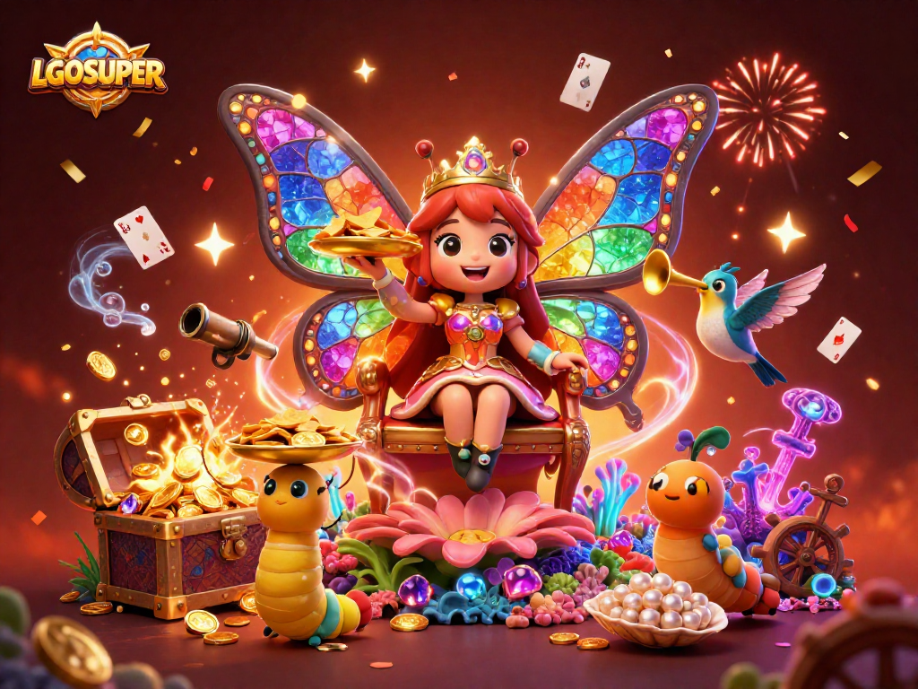 Experience the excitement of LGOSUPER with a vibrant casino-themed 3D illustration filled with games.
