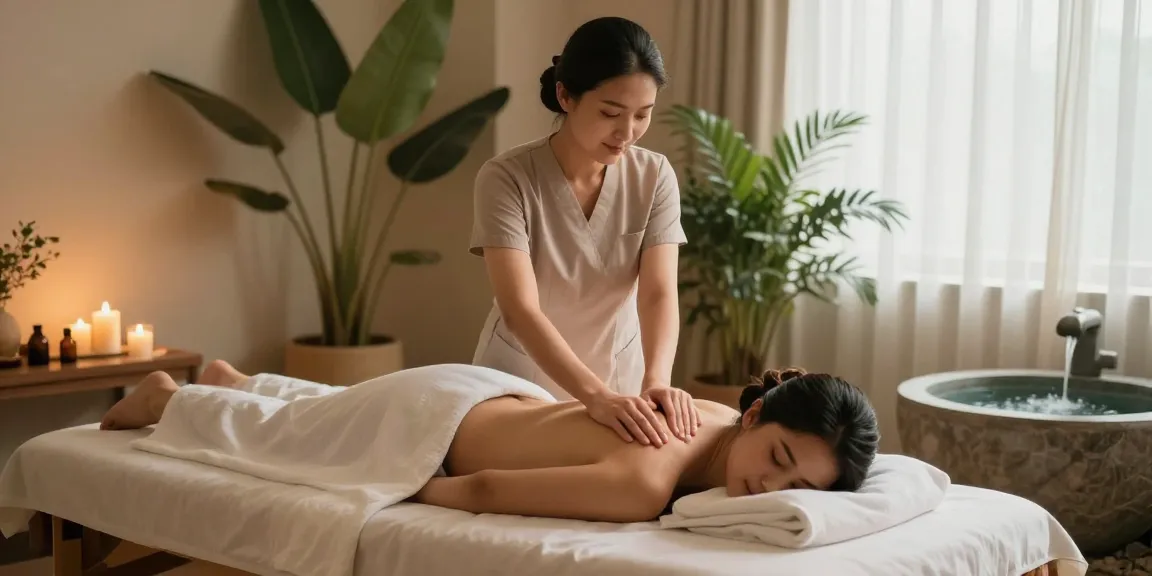 마사지 서비스 중인 전문 마사지사의 모습과 아로마 테라피 환경