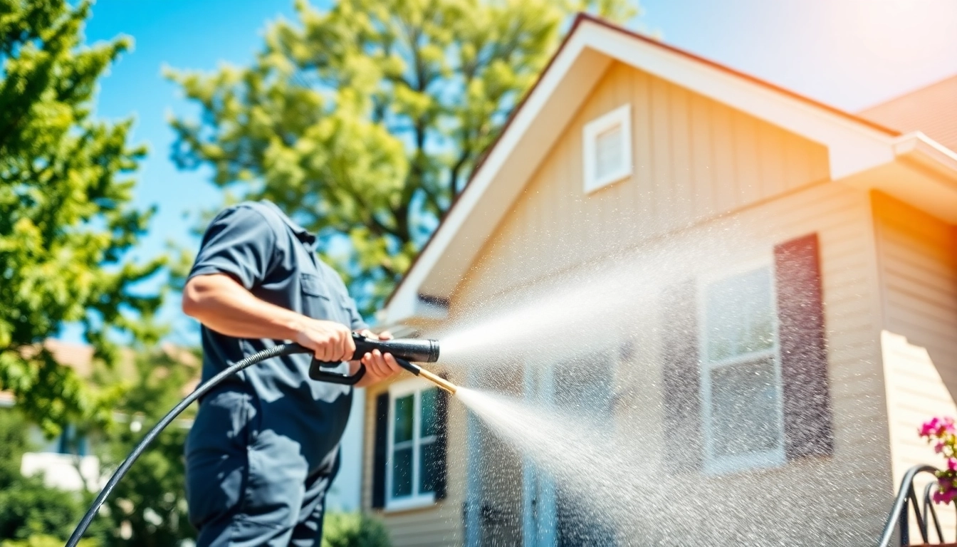 House washing technician clearing grime from a home's exterior with pressure washer.