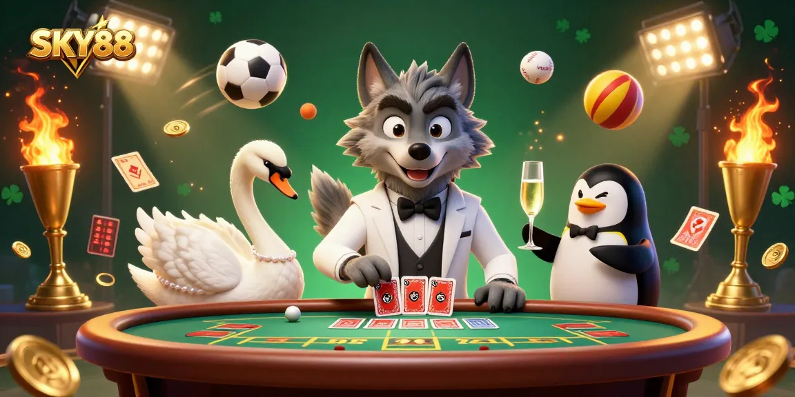 Betting on excitement with SKY88: 3D cartoon illustration showcasing lively casino elements and vibrant characters.