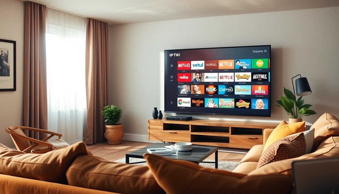 Experience free trial iptv options with a cozy living room setup and a wide-screen display.