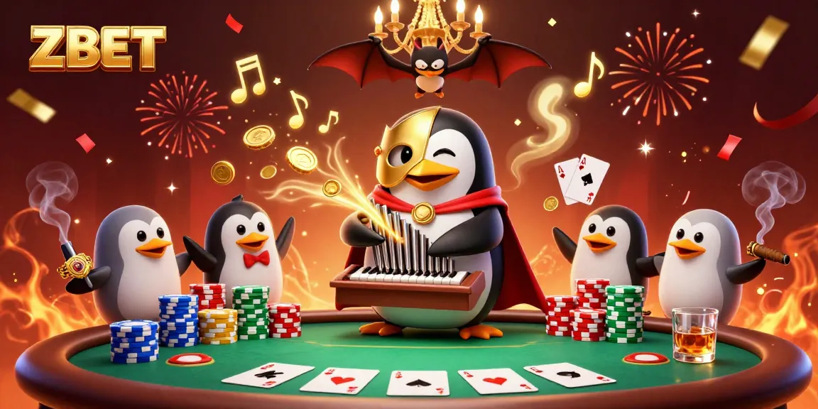 ZBET delivers a lively casino atmosphere with a penguin playing an organ, shooting coins around a poker setup.