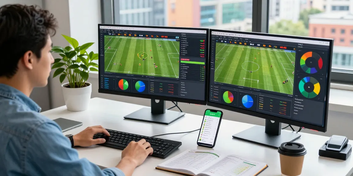 Sports analyst working with live scores and statistics on screens, showcasing the contenteditor in action and dynamic environment.