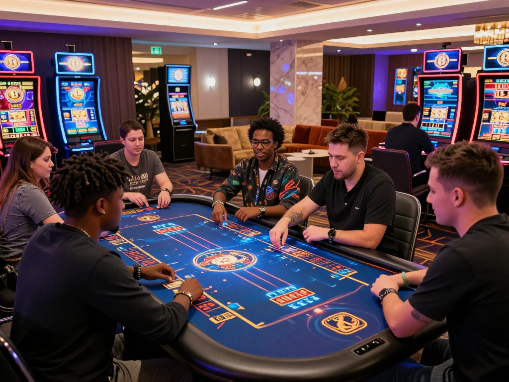 Players enjoying an engaging crypto casino experience with holographic displays and vibrant gaming atmosphere.