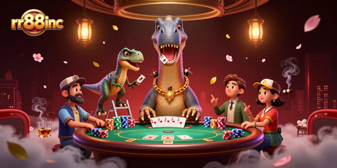 Experience thrilling gameplay at rr88inc with a giant brontosaurus dealer overseeing a lively poker game.