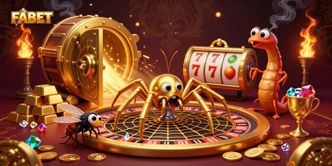 Spin the winning FABET roulette web with a golden spider, fly, and centipede croupier in this animated casino scene.