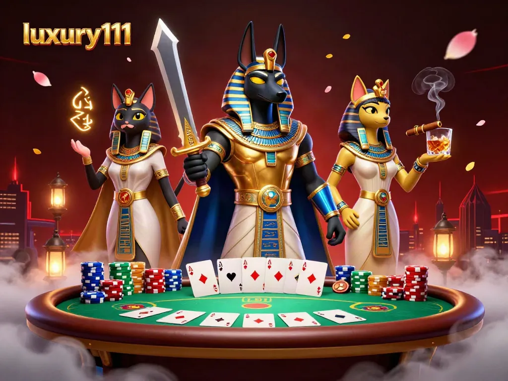 Engage in thrilling gameplay with luxury111 featuring Anubis and Bastet at a vibrant poker table.
