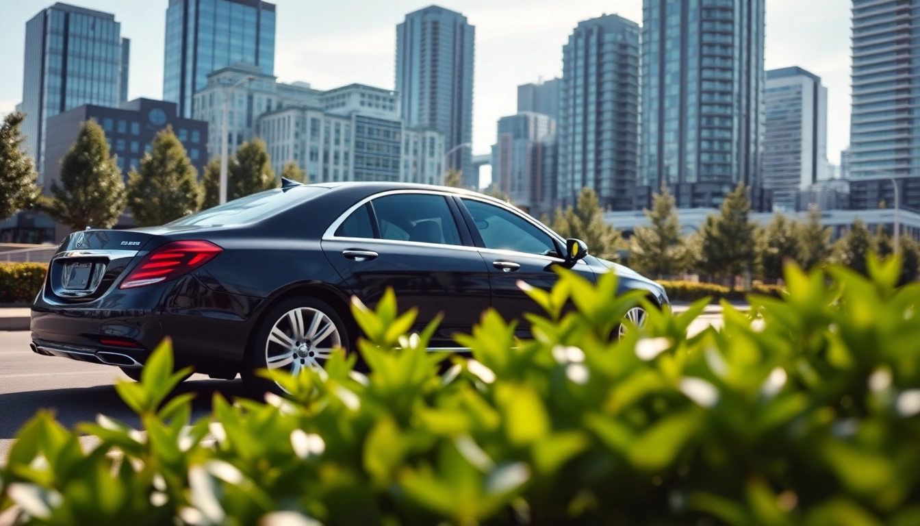 A luxurious black car service vancouver sedan parked in an urban setting with a skyline view.