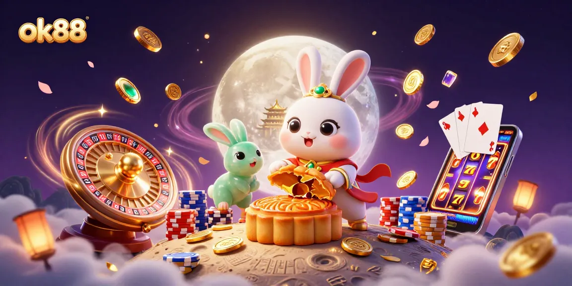 Experience ok88 gameplay with a lively scene of a moon rabbit and treasures at a vibrant casino.