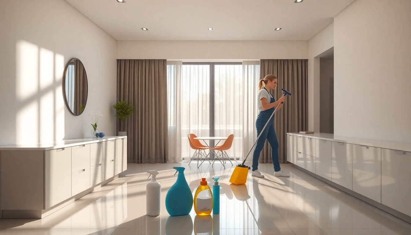 Effective bond cleaning brisbane service showcasing a spotless apartment environment with a cleaner at work.