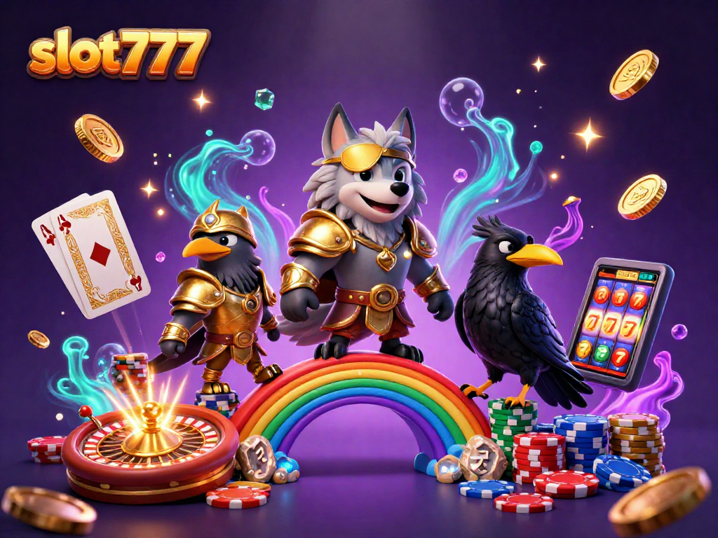 Experience thrilling gameplay at slot777 with Odin and ravens amidst a vibrant casino scene.