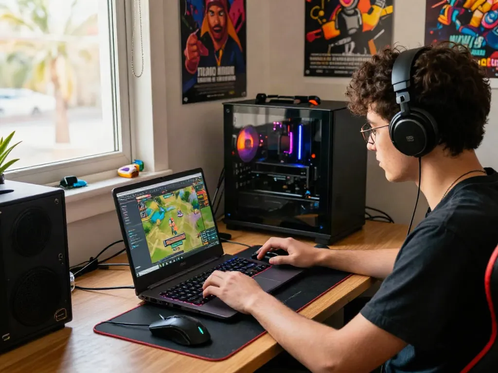 An engaging scene of a gamer enjoying togel online, showcasing a vibrant workspace with gaming accessories.