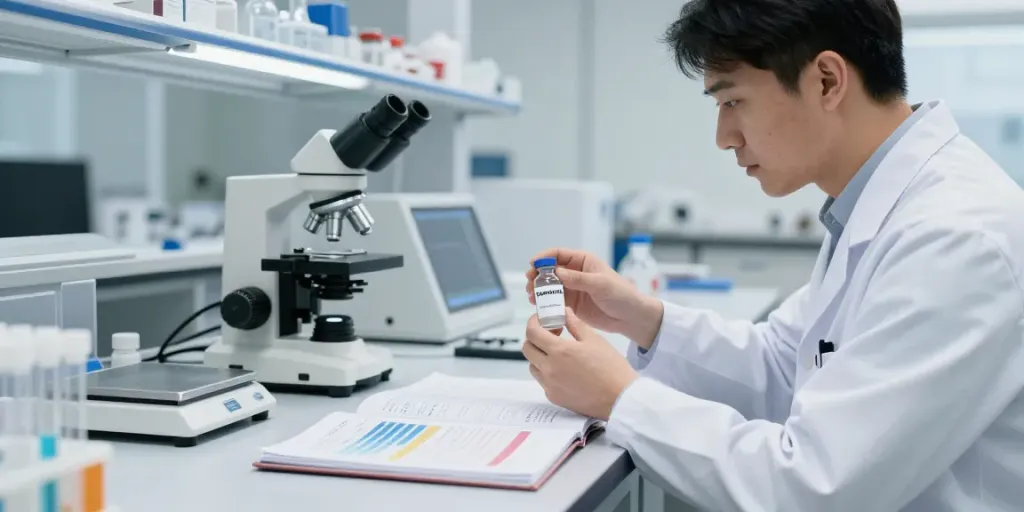 Researcher analyzing tesamorelin for sale in a bright laboratory.