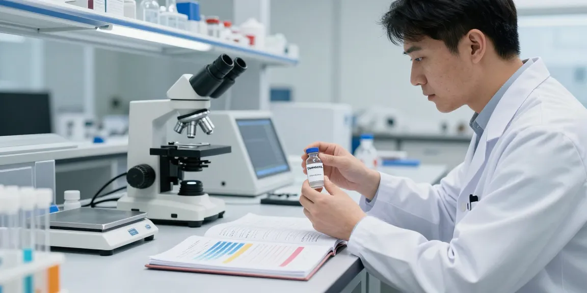 Researcher analyzing tesamorelin for sale in a bright laboratory.