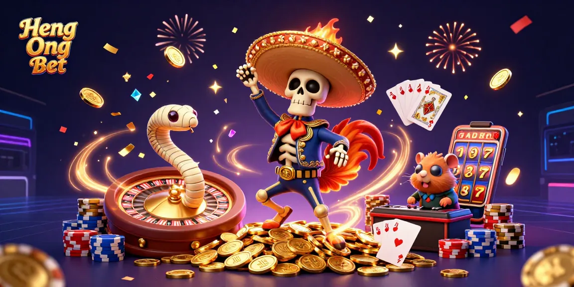 Engage with Heng Ong Bet in a vibrant casino scene filled with animated characters and exciting game displays.