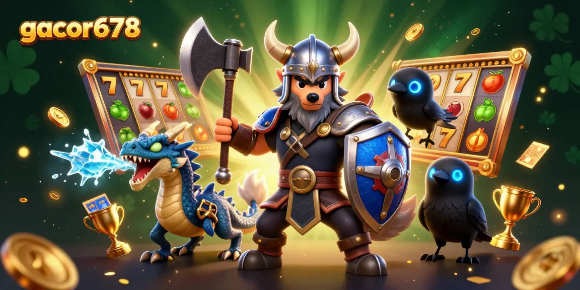 Engage with gacor678 through an exhilarating 3D casino scene featuring a Viking warrior and fantastical elements.