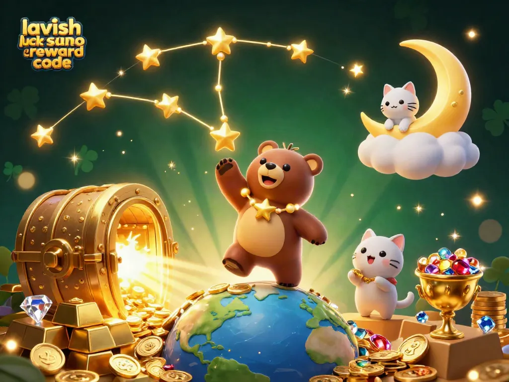 Experience the magic of Lavish Luck Casino with the reward code amidst coins and treasures.
