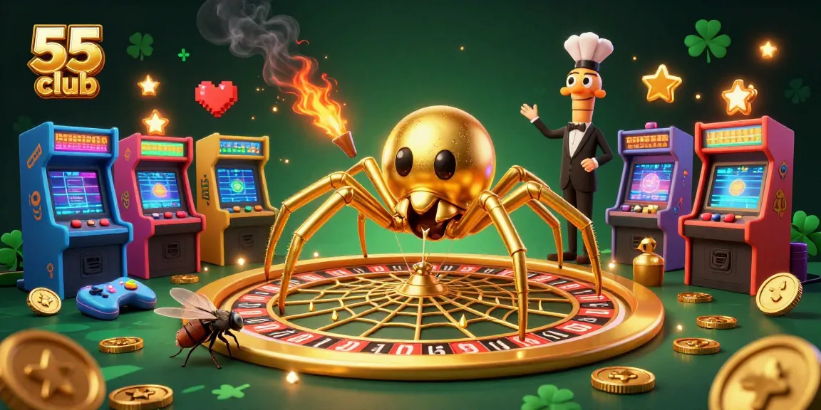 Betting at the 55 club with vibrant casino elements and a golden spider-themed roulette.