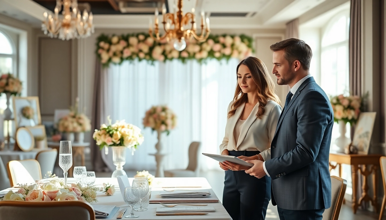Couple discussing wedding details with a dc wedding planner in an elegant venue.