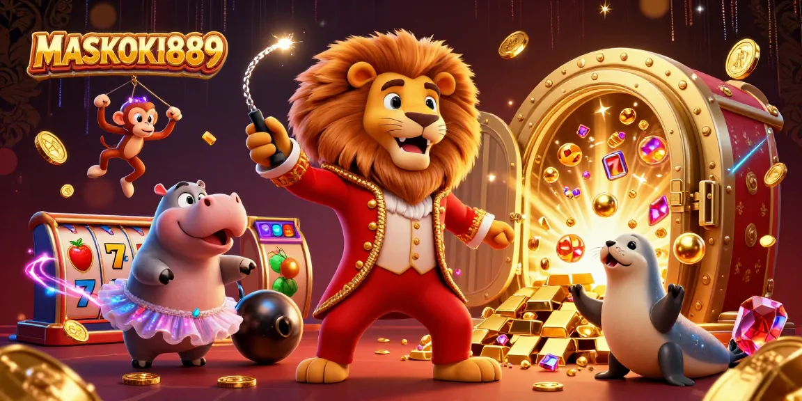 Engage in thrilling games with MASKOKI889 as lively characters surround slot machines and treasures.