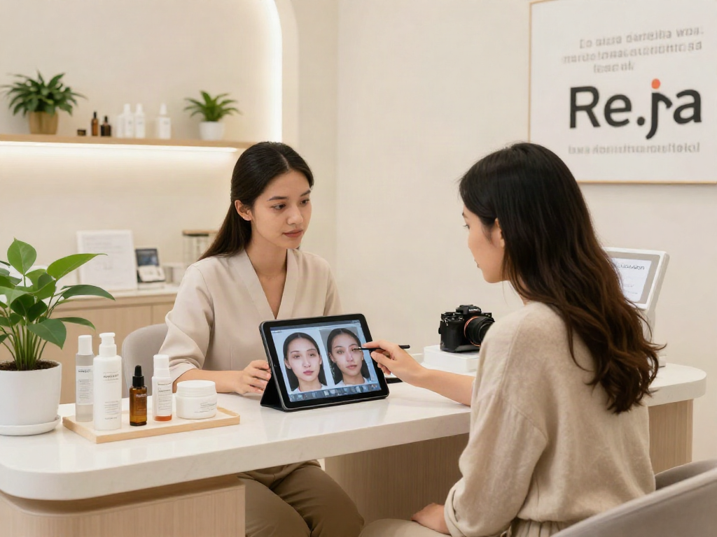 ClinicEvo vs QOVES facial analysis consultation in a modern clinic environment.