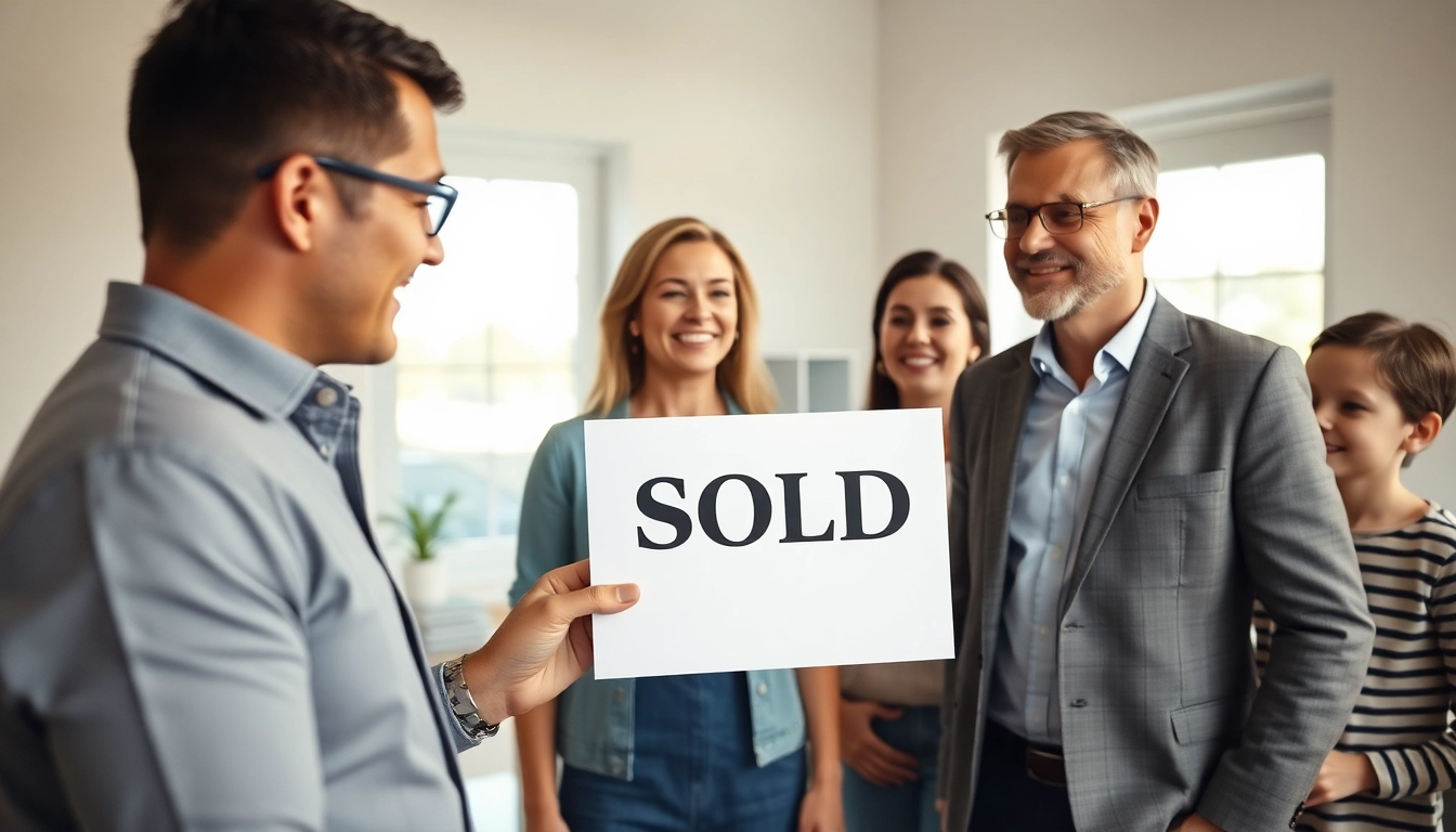 Sell my mobile home, real estate agent assisting a family with a "Sold" sign.