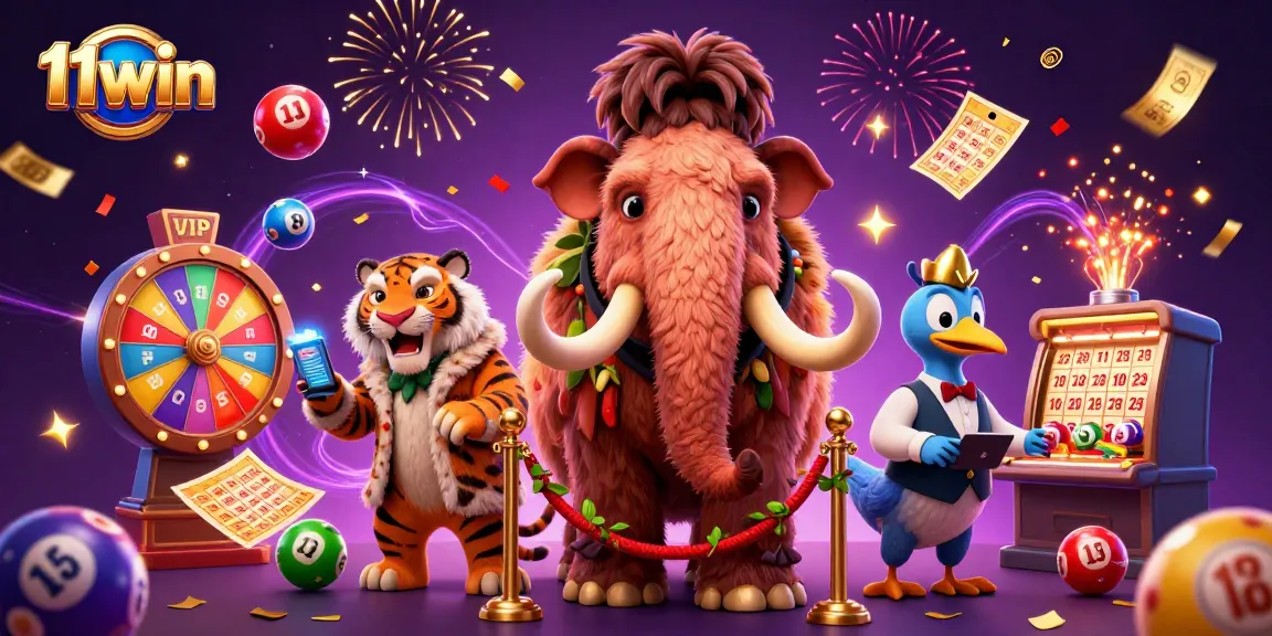 Engage with the lively atmosphere at 11win featuring a whimsical casino scene with vibrant characters.