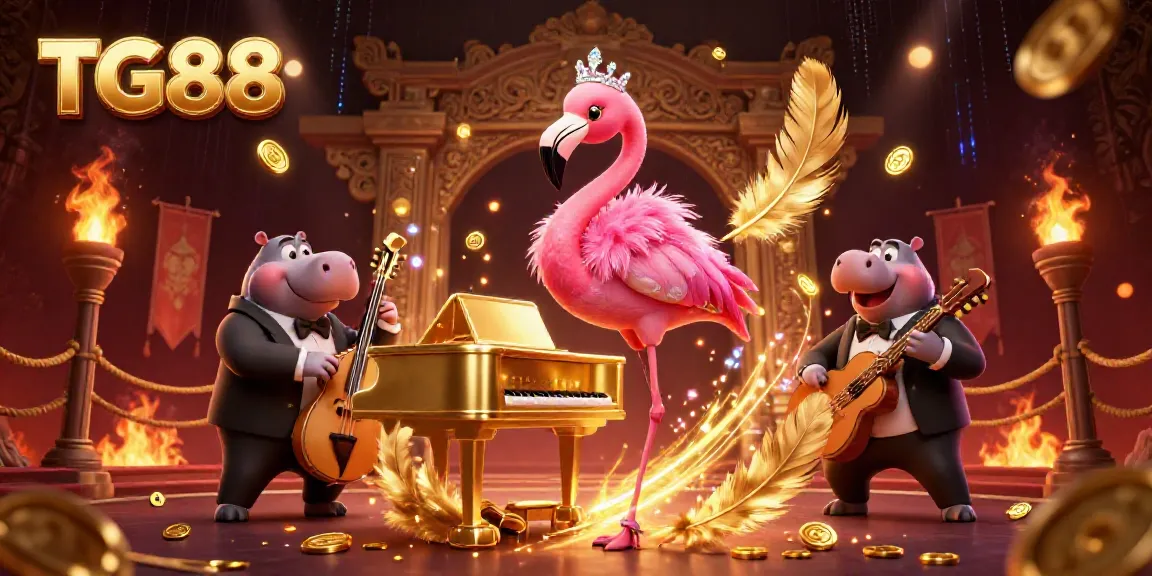 Engage with TG88's vibrant casino scene featuring a flamingo singer and hippo bassist in an immersive betting hall.
