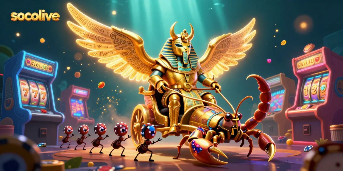 Socolive platform showcases a vibrant 3D casino scene with a dazzling scarab beetle and dynamic slots.