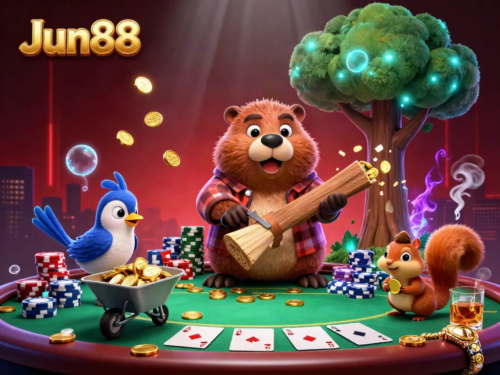 Engage in thrilling gameplay at Jun88 with a vibrant scene of animated characters and poker elements.
